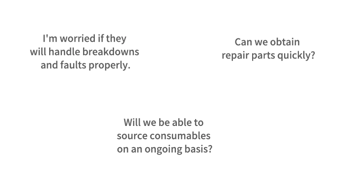 We're worried whether breakdowns will be handled properly. / Can replacement parts be obtained quickly? / Can consumables continue to be supplied long-term?